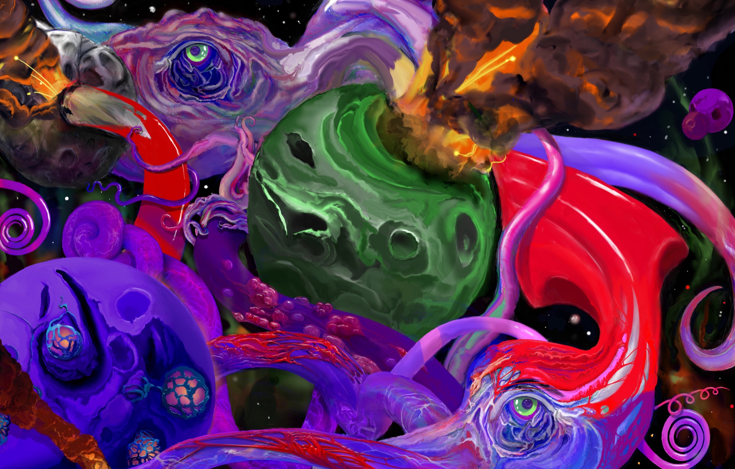 A vivid cosmic illustration of planets, tentacles, smoke, and bright red forms.