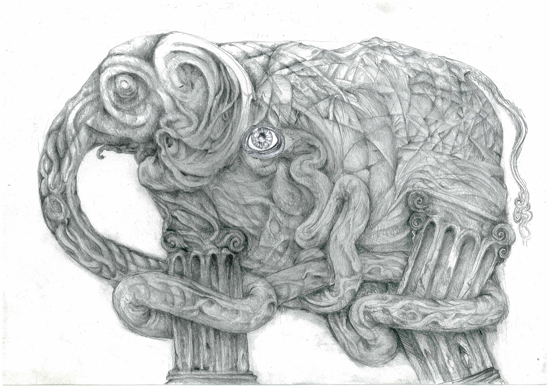 A pencil illustration of a fantastical elephant with ornamental architecture and strange organic forms.