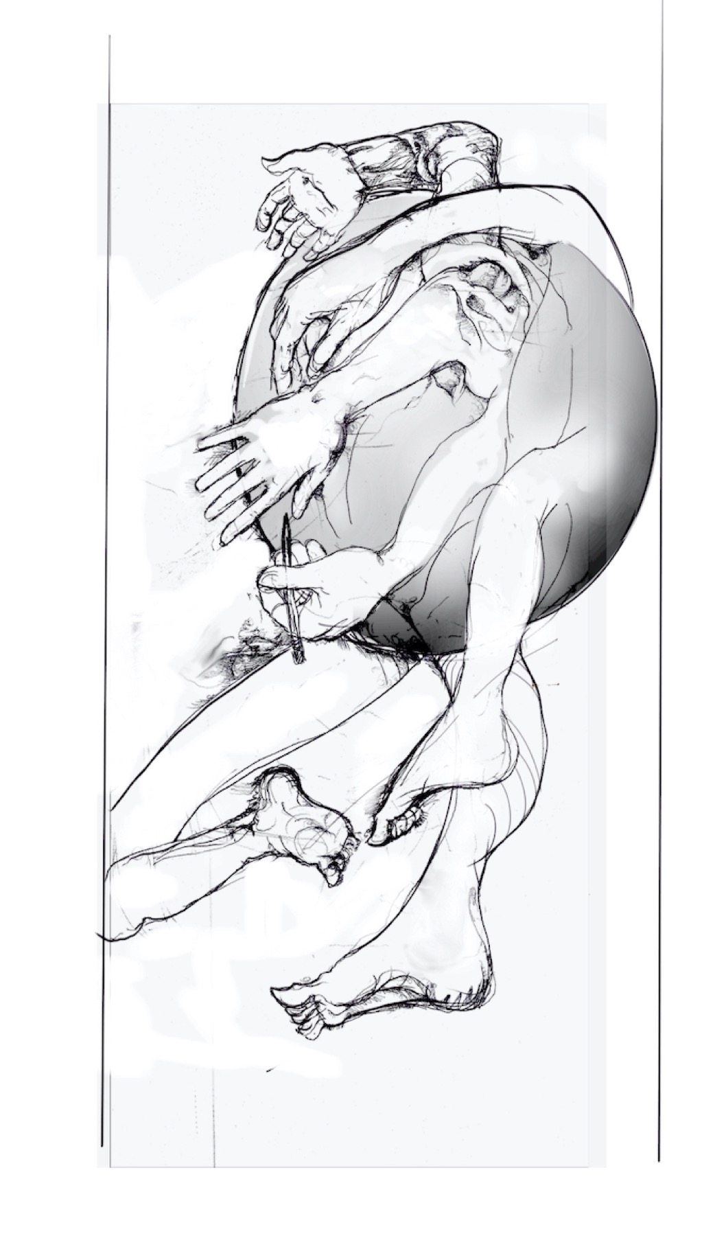 A black and white sketch of a curled platonic animal form with many limbs and hands.